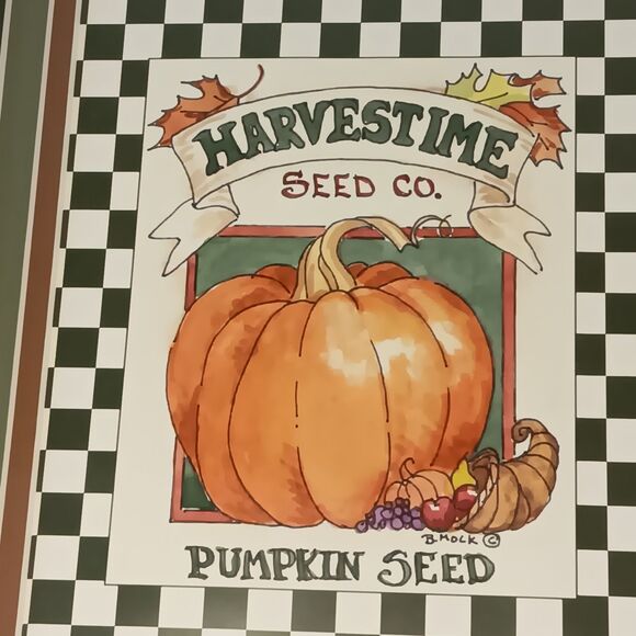 VTG Barbara Mock Pumpkin Print Matted  Framed Green Orange Black & White Checks - Picture 6 of 16